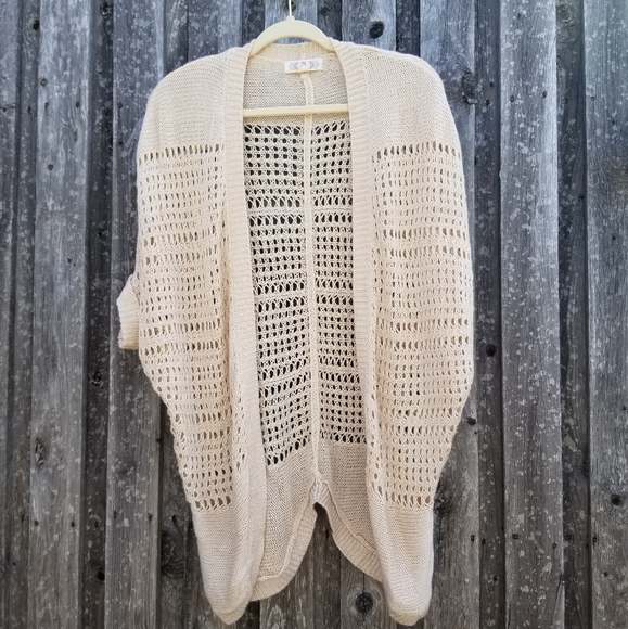 Pink Rose Tops - PINK ROSE crochet boho kimono sweater cream L
